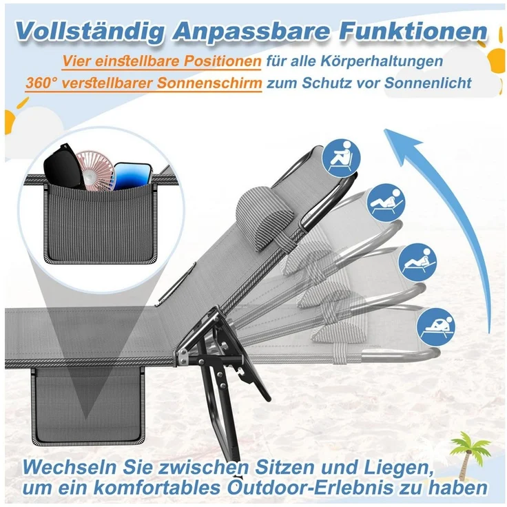 FIVMEN Gartenliege Sonnenliege Liegestuhl Garten Balkon Mit Sonnenschutz Klappbar Leicht, Terrassen Liege Mit Dach Kopfkissen Tragegriffe Seitentasche – Bild 3