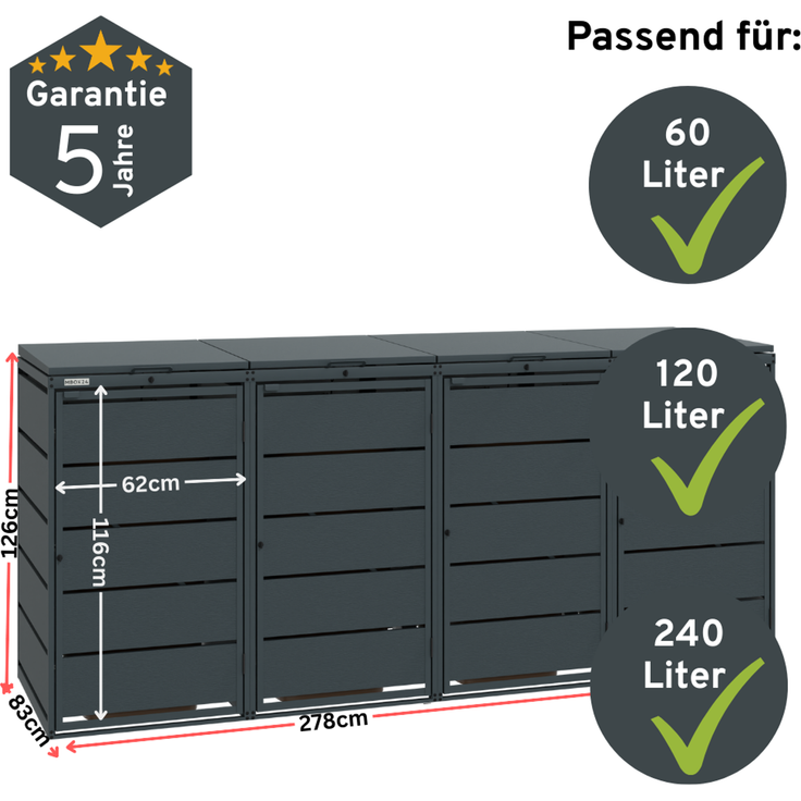 MBOX24 Classic Mülltonnenbox für 4 Mülltonnen (240L) aus verzinktem Stahl, 4er Metall Mülltonnenverkleidung in Anthrazit, robust & wetterfest – Bild 3