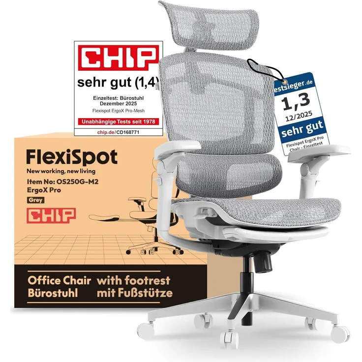 FLEXISPOT ErgoX Pro Ergonomischer Bürostuhl mit ausziehbarer Fußstütze, 12-stufiger Höhenverstellung, 7D-Armlehnen, 5D-Lendenstütze, 4D-Kopfstütze, 250 kg Belastbarkeit Netzsitz (Grau)