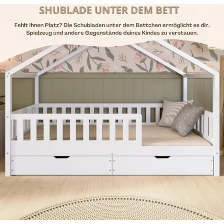 Crazy Pine 'Crazy House' Hausbett mit abnehmbaren Rausfallschutz, Naturholz, Weiß, 90x190 cm, mit Schubladen – Bild 8
