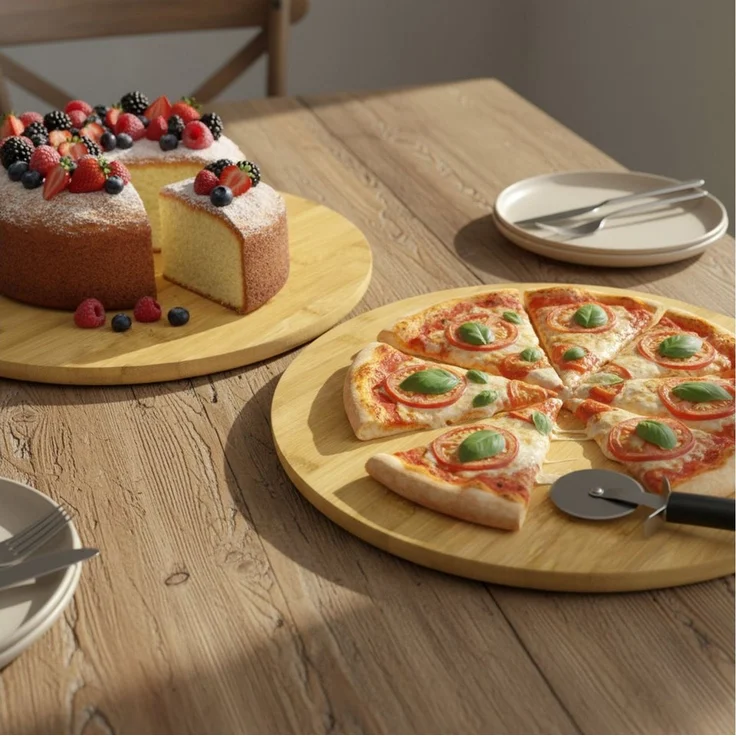 hausleben Pizzaschneidebrett Pizzabrett/Kuchenplatte, Bambus, Ø35 cm x 1,2 cm, Bambus Kuchenplatte, (2-St, 2 Servierplatten), Käseplatte – Bild 3