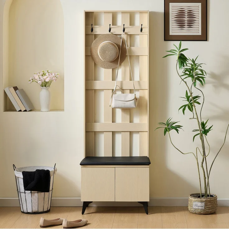 Garderobe mit Sitzbank und Stauraum, 60x35x179,5 cm, helle Holzmaserung – Bild 2