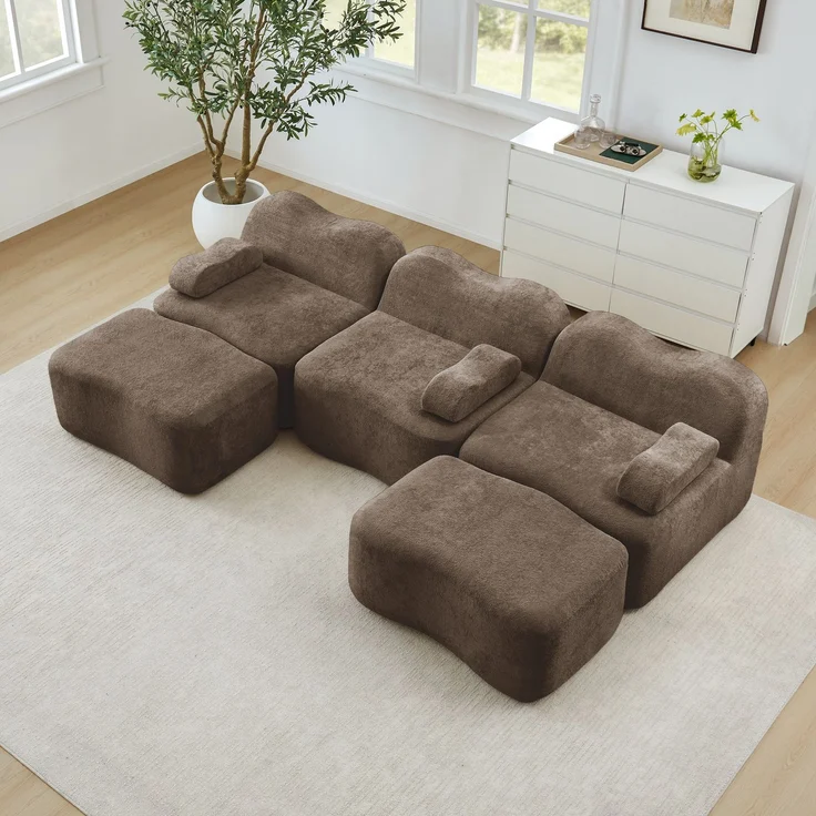 EINHOM 3-Sitzer U-förmiges Modulares Boneless Sofa mit 2 Ottomans, 32D Hochdichtschaum, Wellenform, tiefe Sitzfläche, bewegliches Armlehnenkissen, für Wohnzimmer, Braun – Bild 4