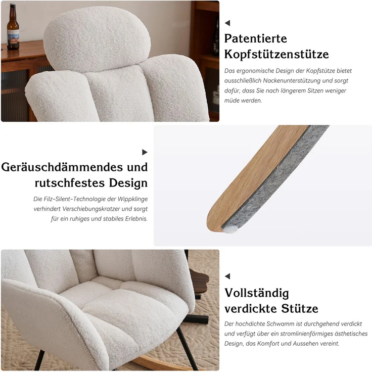 Teddy-Schaukelstuhl mit Kopfstütze, ergonomisch, leise & stabil, Holzrahmen mit Metallbasis, ideal für Wohnzimmer – Bild 3