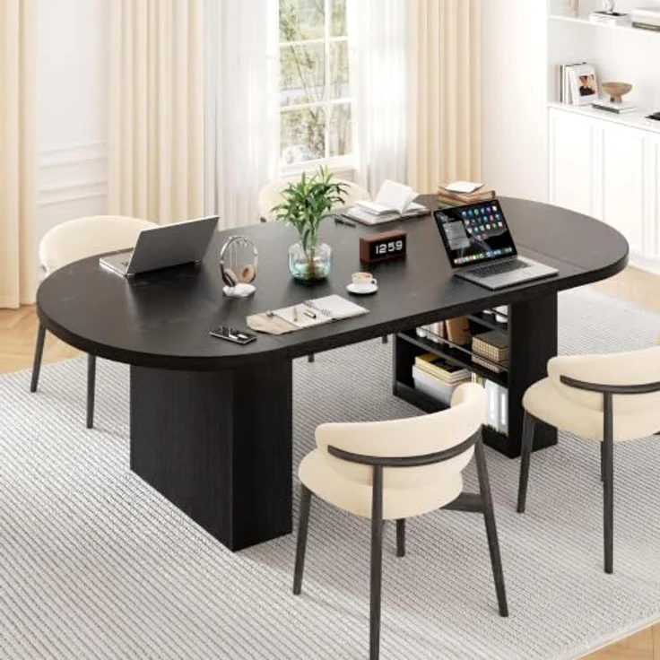 Jocoevol 70.9" Esstisch Oval Ausziehbar für 6-10 Personen, Esszimmer Tisch mit 3-Stufigem Ablagefach, Massiver Küchentisch, Robust bis 180 kg für Küchen und Esszimmer, Schwarz – Bild 6
