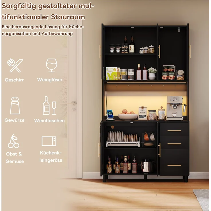 183cm Küchenanrichte, Buffet, App-gesteuerte LED-Deko-Lichter, 2 x USB, 2 x Steckdosen, verstellbare Einlegeböden, 3 Schubladen, goldene Metallgriffe, ideal für Küchen und Esszimmer. – Bild 2