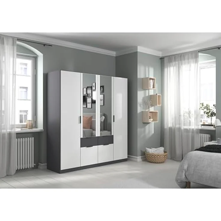 Rauch Möbel Glasgow, Kleiderschrank, Farbe Weiß/Grau metallic, Breite 181cm | Schrank, 4-türig, Spiegel, 4 Schubladen, für Schlafzimmer, Kinderzimmer, Babyzimmer, Garderobe, Flur – Bild 4