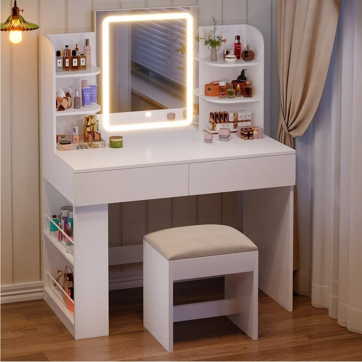 Furnicopia Schminktisch 90/110 cm, LED-Beleuchtung mit einstellbarer Helligkeit, Stauraum (Mit 8 Ablagefachern, 2 Schubladen (beidseitig austauschbar)und optionalem Hocker. Erhältlich in Weiß und Schwarz) – Bild 5
