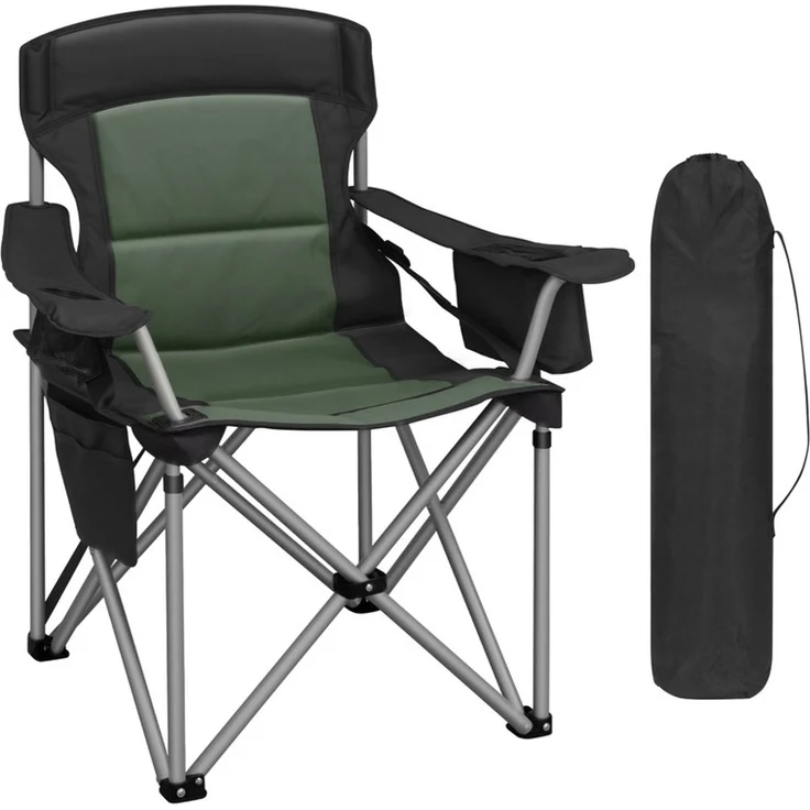 Campingstuhl, 220 KG Campingstuhl Faltbar mit Kühltasche, Getränkehalter, Tragetasch, Hochlehner Bequem Gepolste, Anglersessel Klappstuhl Garten Balkon Strand, Schwarz und Grün – Bild 1