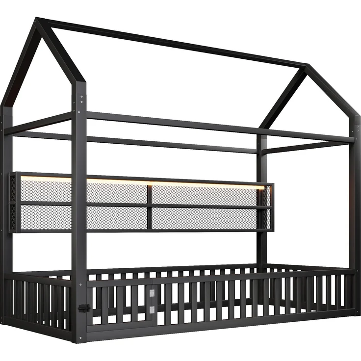 Hausbett mit LED-Beleuchtung, Tür und Regal, 90x200cm, Kinderbett ohne Lattenrost, Einzelbett, Metallbett – Bild 9