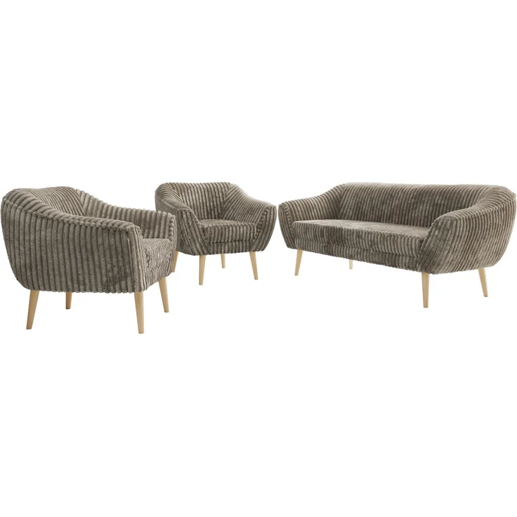 Wohnzimmerset PIRS 1-1-3, Skandinavisches 3-Sitzer Sofa mit Sesseln, Sofa mit Wellenfederung, Buche Füße, Skandinavisches Möbelset - Hellbraun Cord – Bild 6