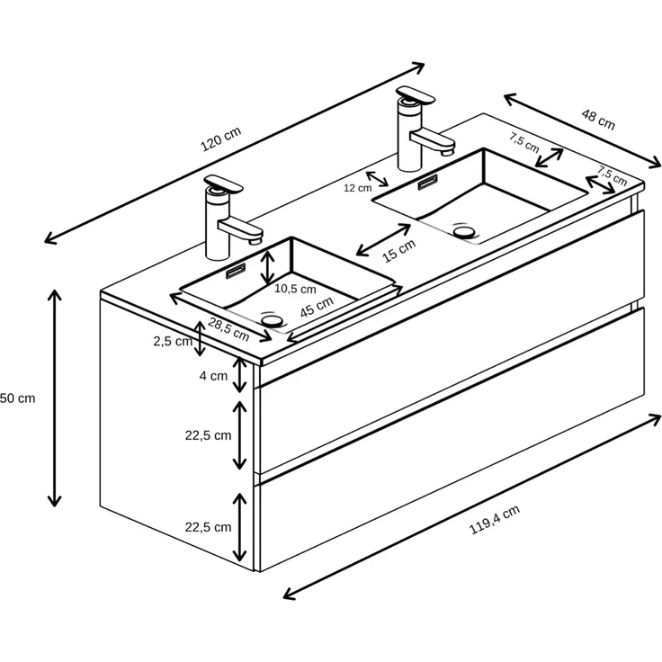 Badplaats Badmöbel Set mit Waschbecken und Unterschrank Angela 120 x 48 cm Braun Eiche - Waschbeckenunterschrank mit Soft-Close und Doppelwaschbecken, Vorgemontiert – Bild 6