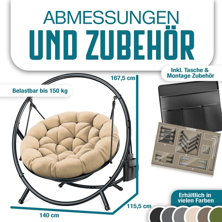 KESSER® Hängesessel mit Gestell BALI Hängeschaukel Hängestuhl bis 150kg für Indoor und Outdoor + Kissen & Seitentasche Hängekorb Stahlgestell & Schaumstoff Sitzpolster ideal für Wohnzimmer & Garten Beige – Bild 3