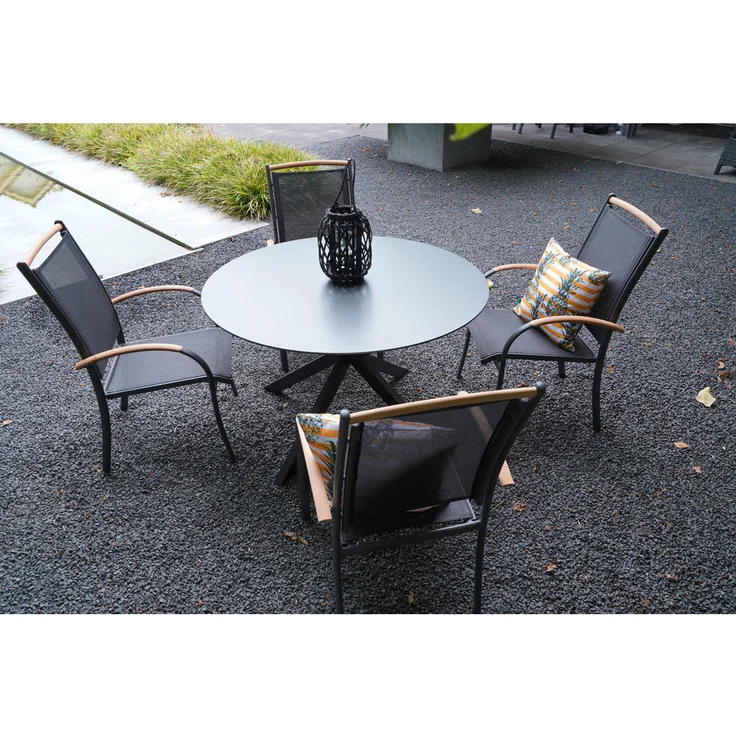 Ambia Garden Gartentisch, rund, 120 cm, grau-schwarz, Metall, Glas, X-Form, Gartenmöbel