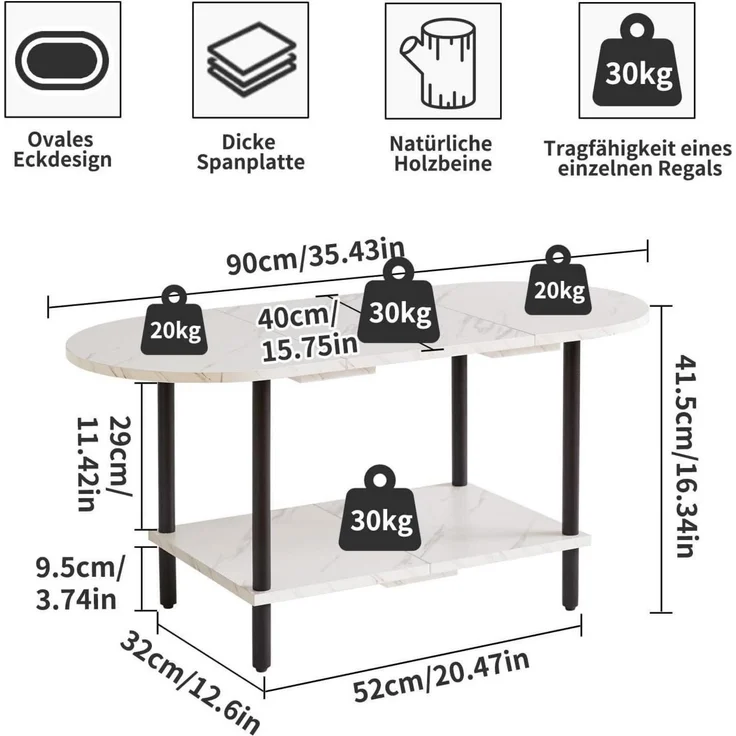 Couchtisch Aibiju Holzbeine 2-Stufiger Stauraum Weiß Schwarz YD-011M – Bild 3