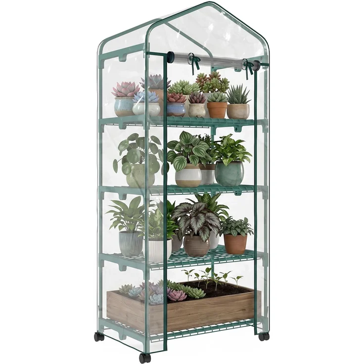 MELAYR, Gewächshaus für den Außenbereich mit Rädern, 4-stöckigen Regalen, 69 x 50 x 165 cm, Transparent+Grün – Bild 1