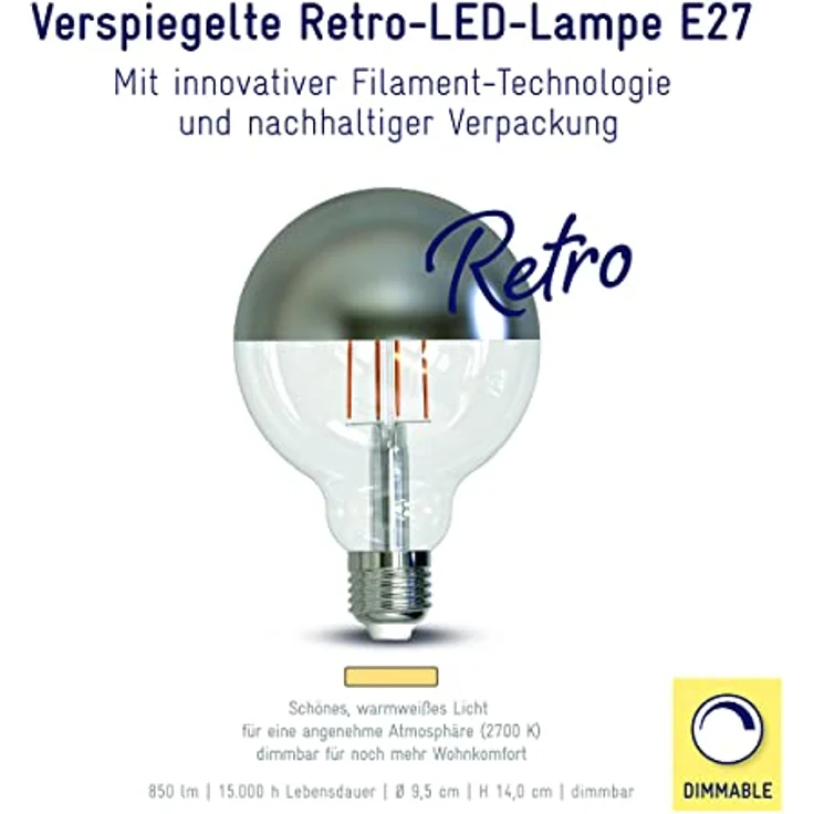 Müller-Licht Retro LED Globeform Filament E27 verspiegelt, 8. 5W ersetzt 63W, nostalgisches superwarmweißes Licht (2700K), 850lm, dimmbar, 1 Stück (1er Pack) – Bild 3