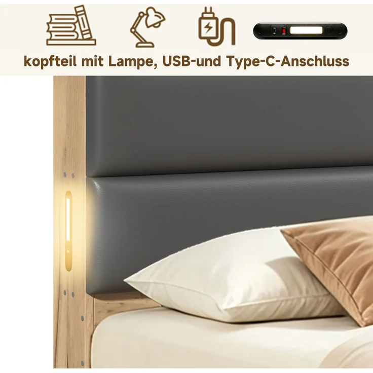 Stauraumbett mit Schubladen, Liegefläche 90×200 cm, Nachtlicht und USB, Natur, ohne Matratze – Bild 7