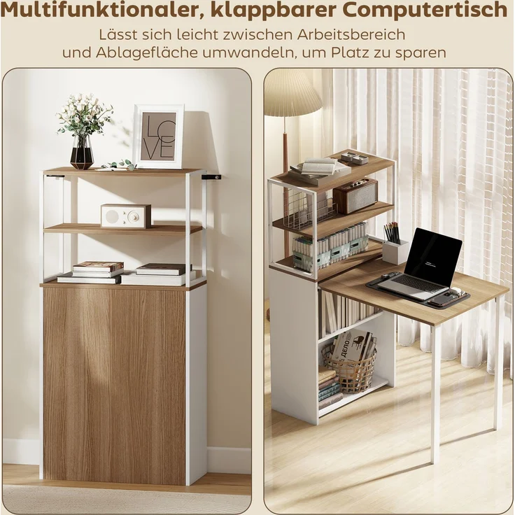 MELAYR, Schreibtisch Klappbar Küchentisch mit 4 Regal Computertisch Arbeitstisch Laptoptisch 105 x 60 x 127 cm Naturholz – Bild 6