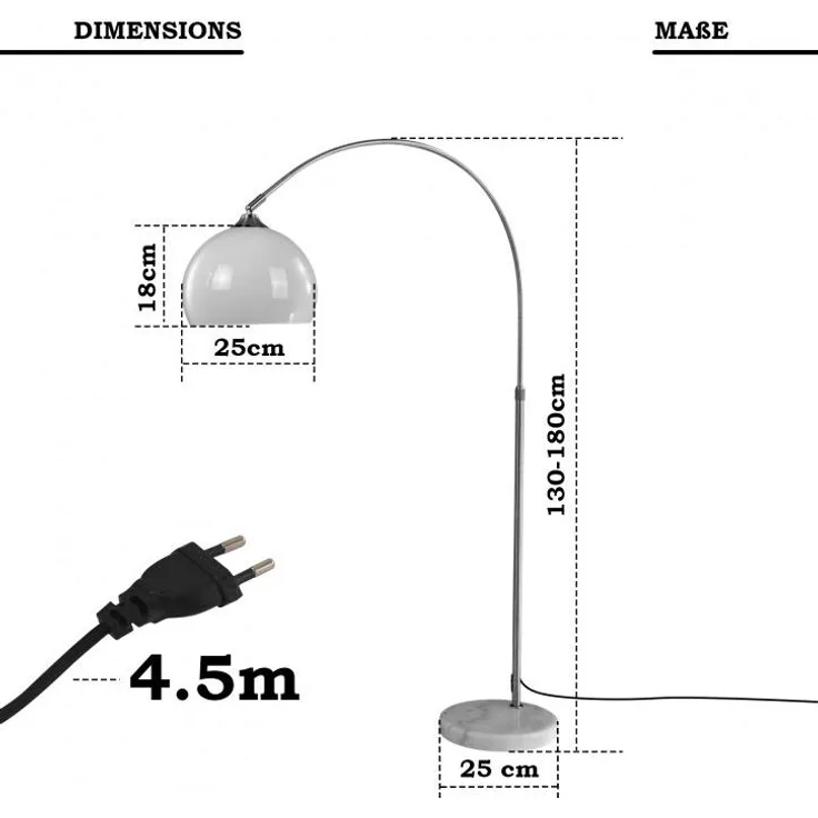 Jago® Bogenleuchte - Höhenverstellbar, 130-180 cm, 1 x E27, max. 60W / LED, Weiß, für Wohnzimmer, Lounge, Bar - Bogenlampe, Stehlampe, Stehleuchte, Standleuchte, Bogenstandleuchte