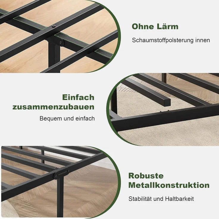 VECELO Bettgestell 140x200 cm, Metallbett mit Dick Holzkopfteil und Lattenrost, Doppelbett mit Stauraum unter dem Bett, perfekt für Schlafzimmer, Schwarz – Bild 3