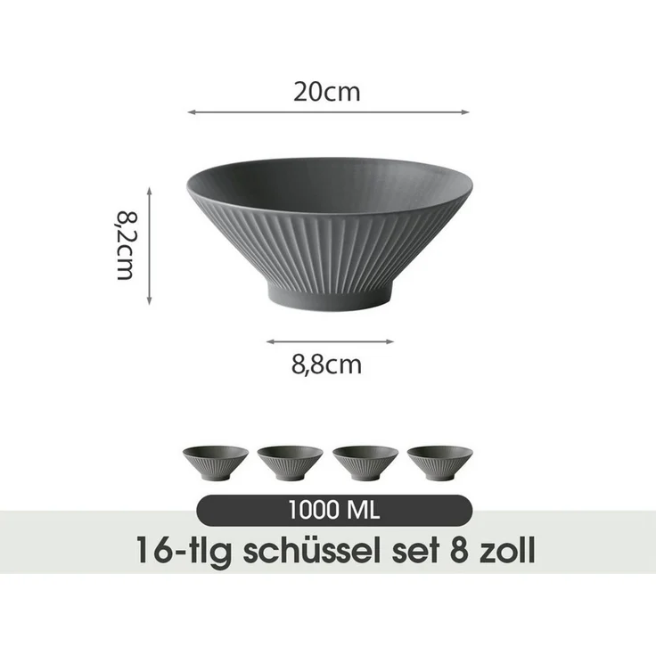 JIWOO Schüssel 4er Ø20cm, Japanische Ramenschüssel Suppenschüssel bowl Pastaschüssel, Keramik, (Set, 16-tlg), Hochwertiges Schüsseln Schwarz Schüssel Mikrowellenofen Spülmaschine – Bild 2
