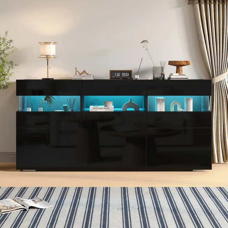 Merax 140cm Wohnzimmer-Sideboard, Kommode mit 3 Türen, Hochglanz-Wohnzimmerschrank mit LED-Lichtleiste, Transparentes Acrylgehäuse, Schrank mit 7 Ablagefächern, Schwarz