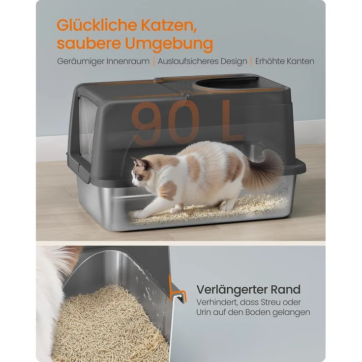 FEANDREA Katzenklo, Katzentoilette, Edelstahl, mit Deckel, Schaufel, Bürste, für Katzen bis 15 kg, schwarz – Bild 4