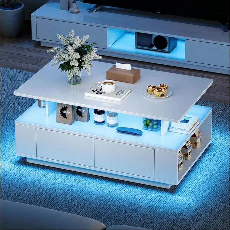Dripex Couchtisch Couchtisch mit Stauraum Hochglanz Weiß 90x40x55 cm mit LED – Bild 2