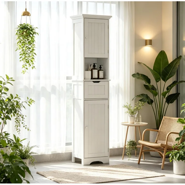 Bad-Hochschrank 40 x 30 x 170 cm mit Sensor-LED und Schublade, Weiß