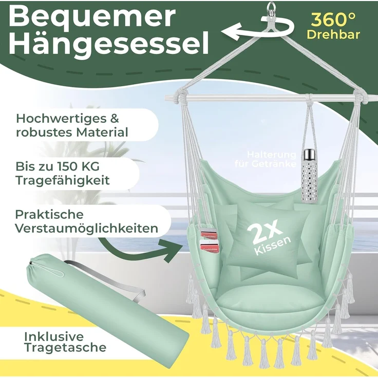 KESSER® Hängesessel mit 2 Kissen Getränkehalter & Bücherfach - Safari XXL Hängestuhl für Erwachsene & Kinder Hängematte bis 150 kg Hängesitz Aufhängung Indoor & Outdoor Wohn & Garten Terrasse Grün / Weiß – Bild 2