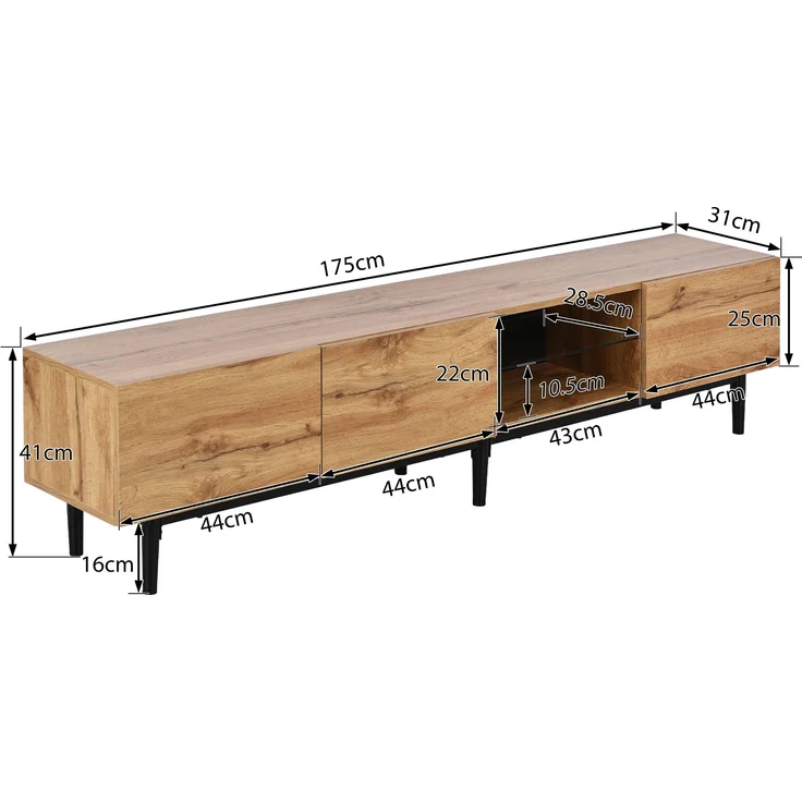 Moderner TV-Schrank aus MDF mit Holzmaserung, 175 x 31 x 41 cm, variable LED-Leuchten in 7 Farben, 175x31x41cm, Helle Eiche – Bild 9