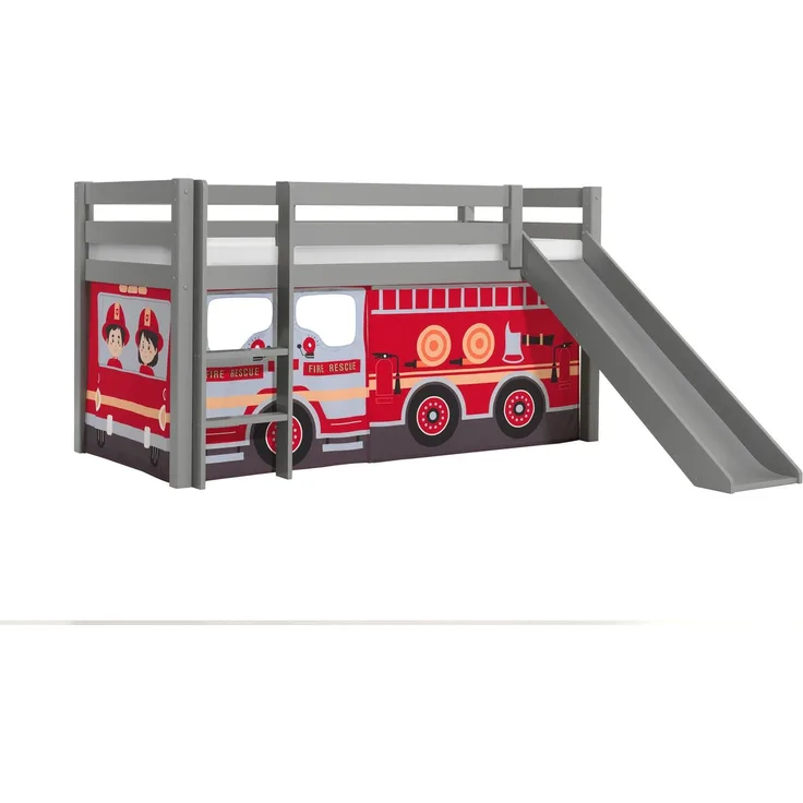 Vipack 'Pino' Halbhochbett 90x200 cm, grau, Kiefer massiv, mit Rutsche und Textilset 'Fire Rescue'
