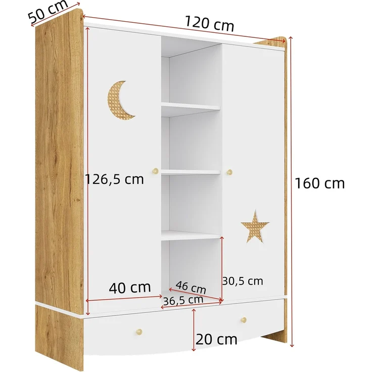 CHICFURN Kleiderschrank mit 2 Kleiderstangen, Schublade und Rattan-Elementen Natur+Weiß 120x50x160 cm – Bild 9
