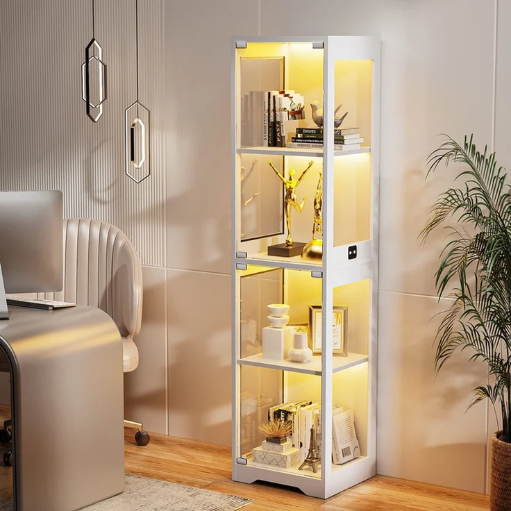 Glasvitrine Ausstellungsschrank 160 cm, 4-stufig mit Glastür, LED-Beleuchtung und Bewegungssensor, Weiß – Bild 2