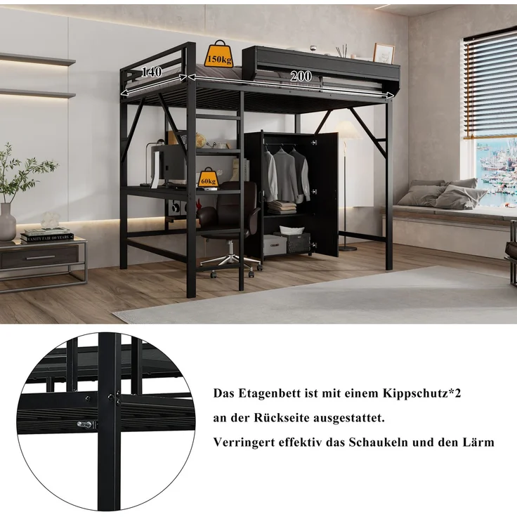 Merax Hochbett, 140x200cm Kinderbett, Doppelstöckiger Stauraum unter dem Schreibtisch, Oberes Bett mit Stauraum, Mit Kleiderschrank, Schwarz – Bild 7