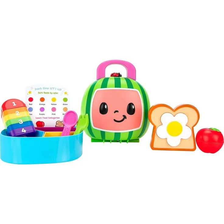 CoComelon Lunchbox-Spielset - Enthält Lunchbox, 3-teiliges Tablett, Gabel, Löffel, Toast mit Ei, Apfel, EIS am Stiel, Aktivitätskarte - Spielzeug für Kinder, Kleinkinder und Vorschüler