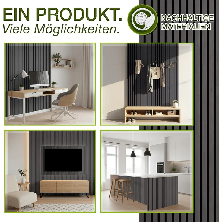 TRESKO® 2 Stück Akustikpaneele Holz 120×60 cm inkl. 4x Kleiderhaken | Wandverkleidung Eiche Anthrazit als 3D Lamellenwand | Holzpaneele Paneele für Schallschutz | Akustik Wandpaneele mit Montageset – Bild 8