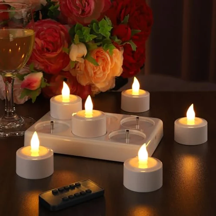 EXTSUD 6 Stück LED Teelichter Aufladbar mit Timer Fernbedienung und Ladestation Elektrische Teelichter LED Kerzen Wiederaufladbar Flackernd Flammenlose Candles für Weihnachten Hochzeiten Haus Deko – Bild 1