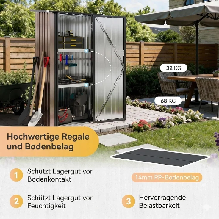 Aoxun Metall-Gerätehaus 88x61x164cm mit 2 verstellbaren Regalböden, Kleiner abschließbarer Werkzeugschrank für Garten, Terrasse & Hof, Braun – Bild 4