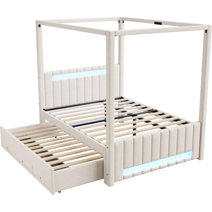 140x200 cm großes Polster-Himmelbett mit Ausziehbett und drei Schubladen, LED-Beleuchtung Beige – Bild 7