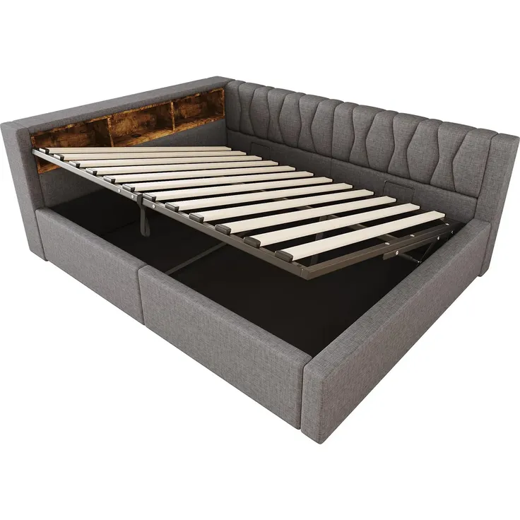 Schlafsofa mit LED-Streifen, Lattenrost, Regal, Rückenlehne, Aufbewahrung, Type-C und USB, 140x200 cm, Polsterbett, Stauraumbett, Tagesbett, Leinen – Bild 7