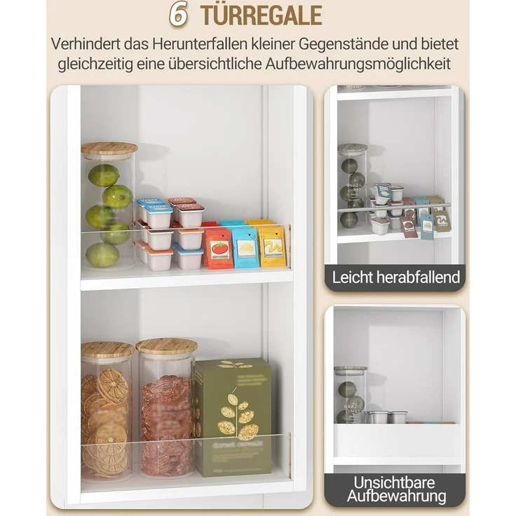Buffetschrank, Küchenschrank mit 6-stufigem Türrückseiten-Regalsystem, Sideboard mit 4 Türen und 1 Großer Schublade, Modern Stil, Küche, Wohnzimmer, 40 x 80 x 180 cm, Weiß – Bild 5