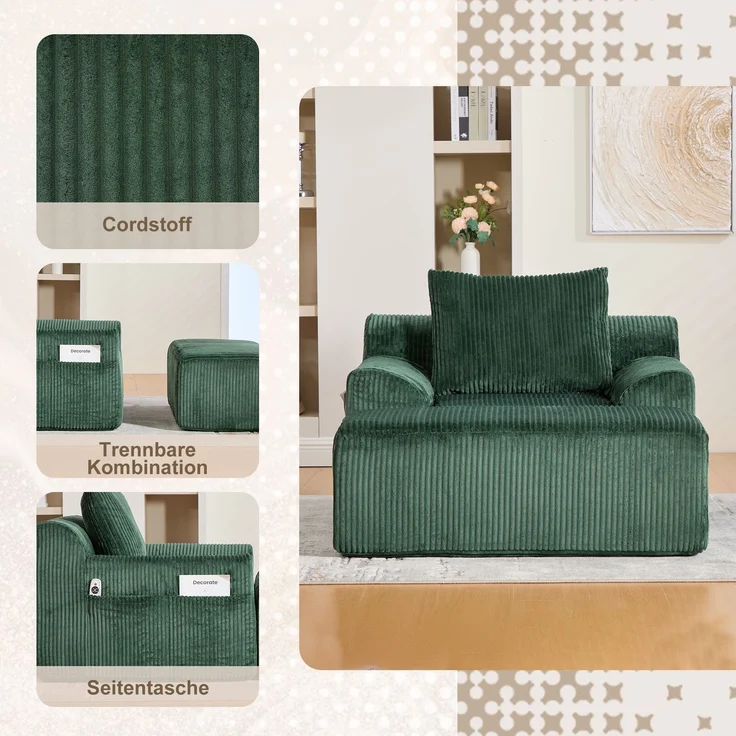 Sessel Cord mit Fußhocker, 147 x 110 x 67 cm,Relaxsessel mit Stauraumtaschen & Federkern, kein Aufbau,Smaragd – Bild 9