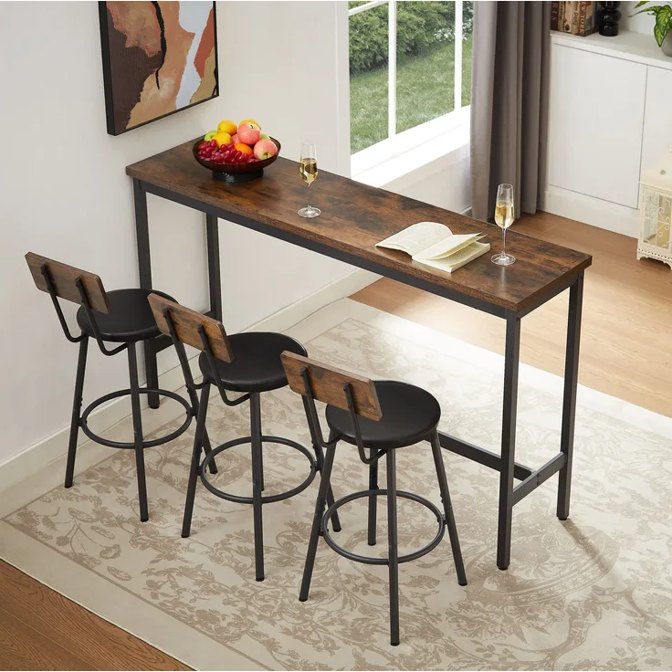 Bartisch-Set 160x40x94,5 cm mit 3 gepolsterten Barhockern – Spanplatte und Stahl