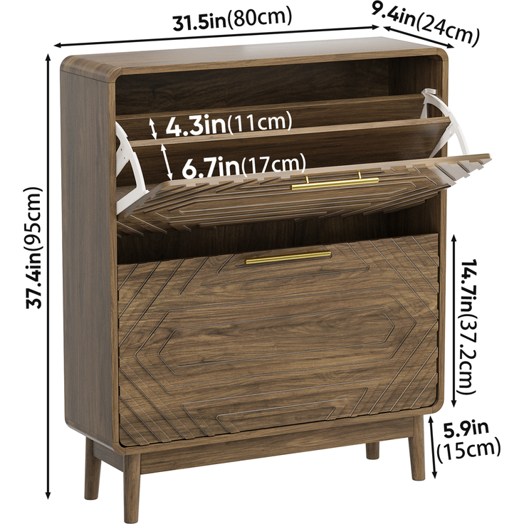 DESVIAE Garderobenschrank Schuhschrank Walnuss aus MDF –95 x 80 x 24 cm, 2 Kippfächer, offene Ablage – Bild 9