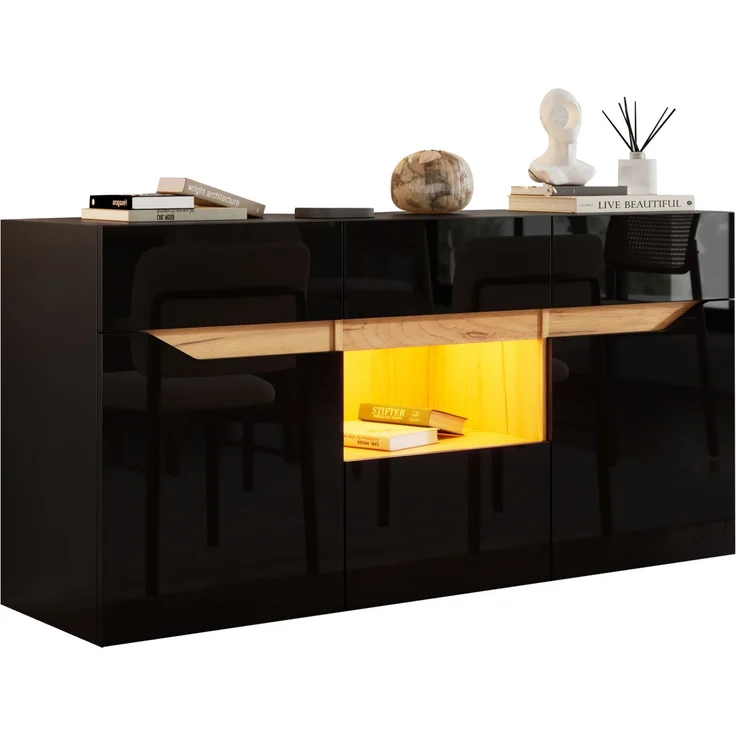 DESVIAE Sideboard mit 4 Schubladen und LED-Beleuchtung 140x70x40 cm Spanplatte Schwarz/Naturholz – Bild 7