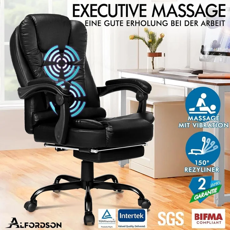 Ergonomischer Bürostuhl Leder Schwarz Massage Lordosenstütze – Bild 5