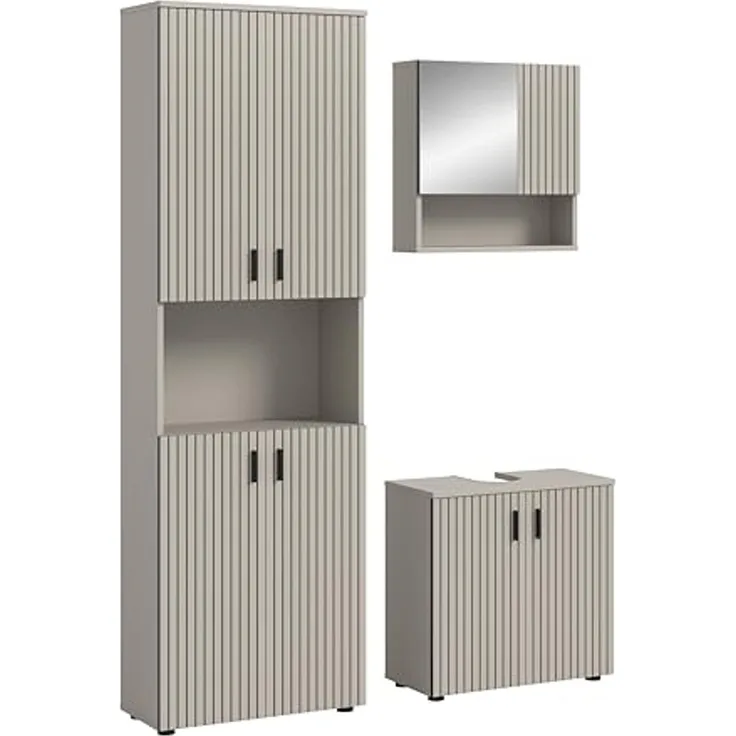 xonox. home – Badkombination Mone 135x192x30 cm in Kaschmir Nachbildung – 3-teiliges Set mit Badschrank, Waschbeckenunterschrank & Spiegelschrank – funktional & vielseitig kombinierbar