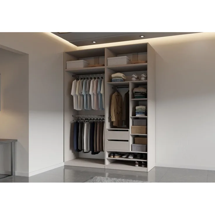 Marmex Möbel Tres Set-C/N praktischer Einbauschrank ohne türen, Eckkleiderschrank mit Aufsatz, Ankleidezimmer Möbel, laminierte Spanplatte, graubeige cashmere 190x246x51 cm